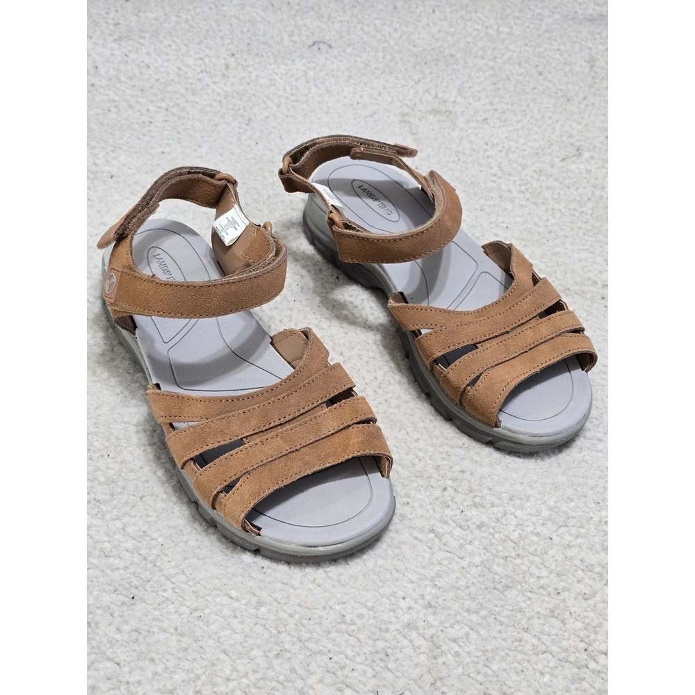 Lands End Womens Tan Brown Suede Strappy Comfort Walking Sandals 8.5 D 528247
